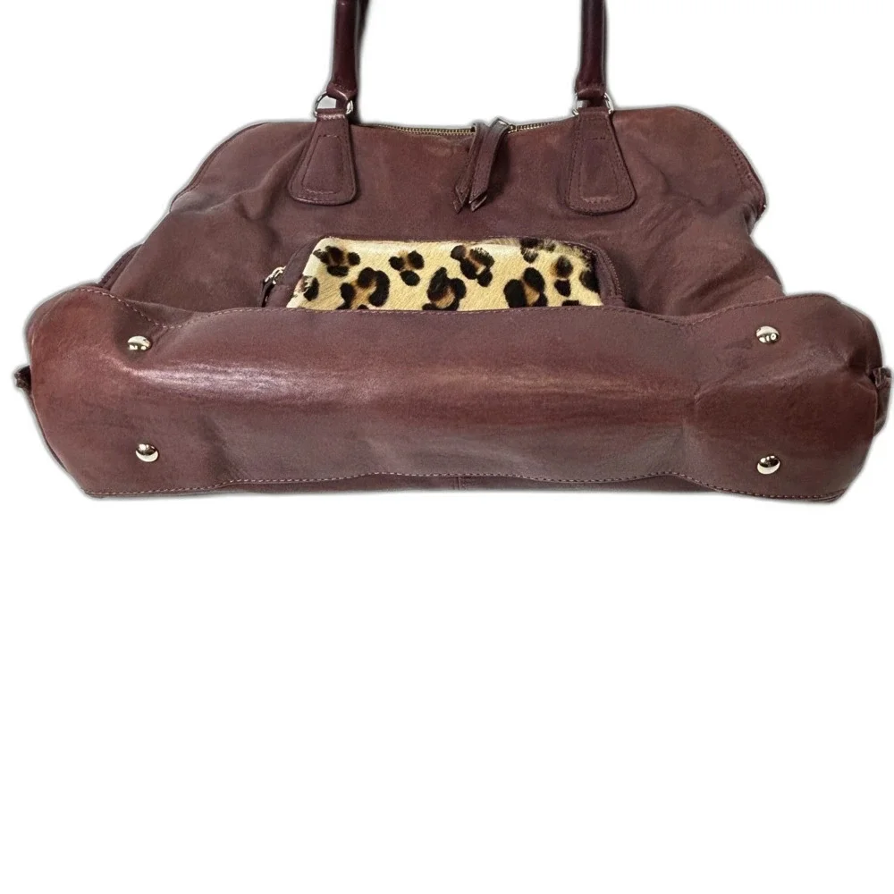 Rosella D Burgundy Leather Animal Print Calf Hair Large Satchel Shoulder Bag